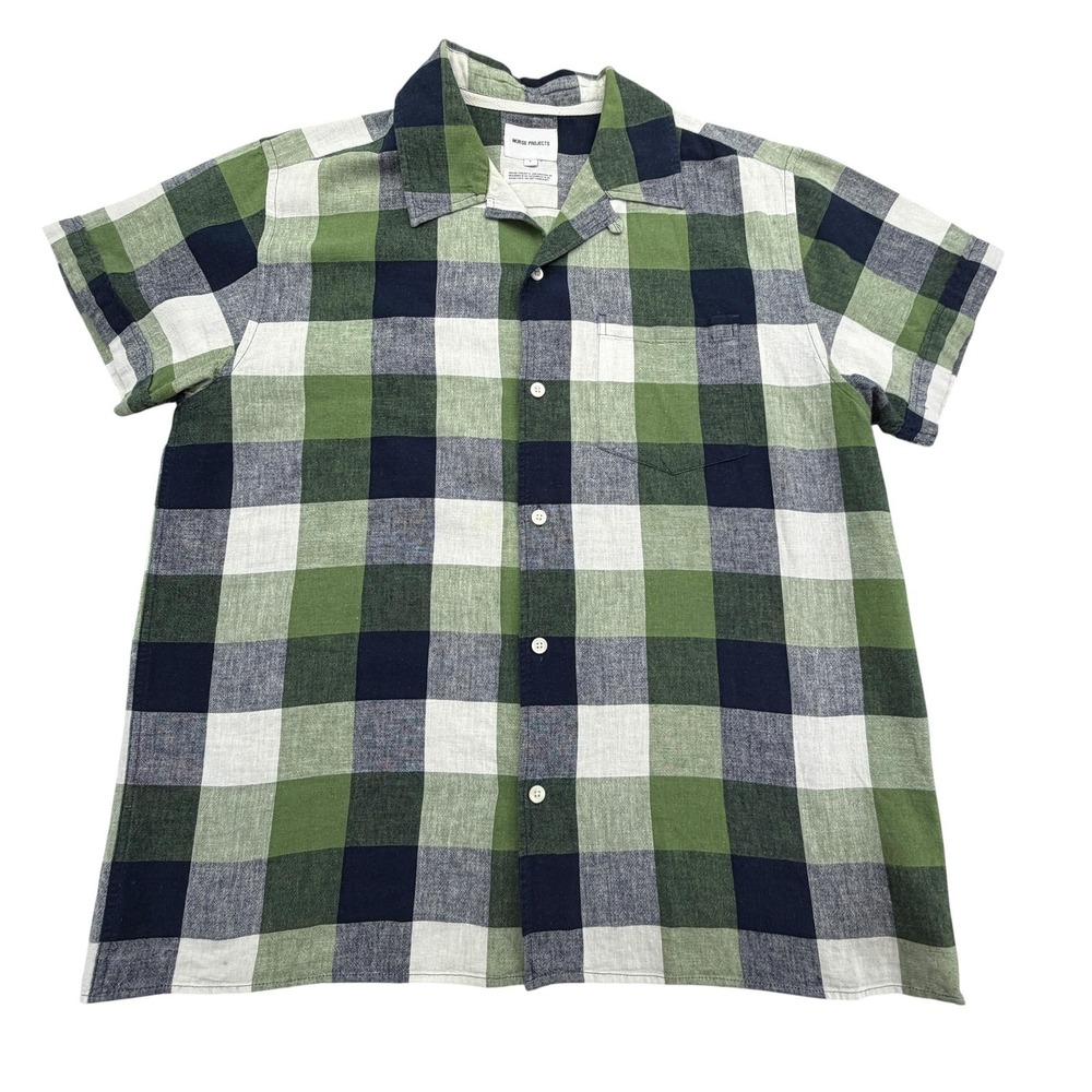 Norse Projects Shirt Mens S Green Short Sleeve Button Up Check Linen Relaxed